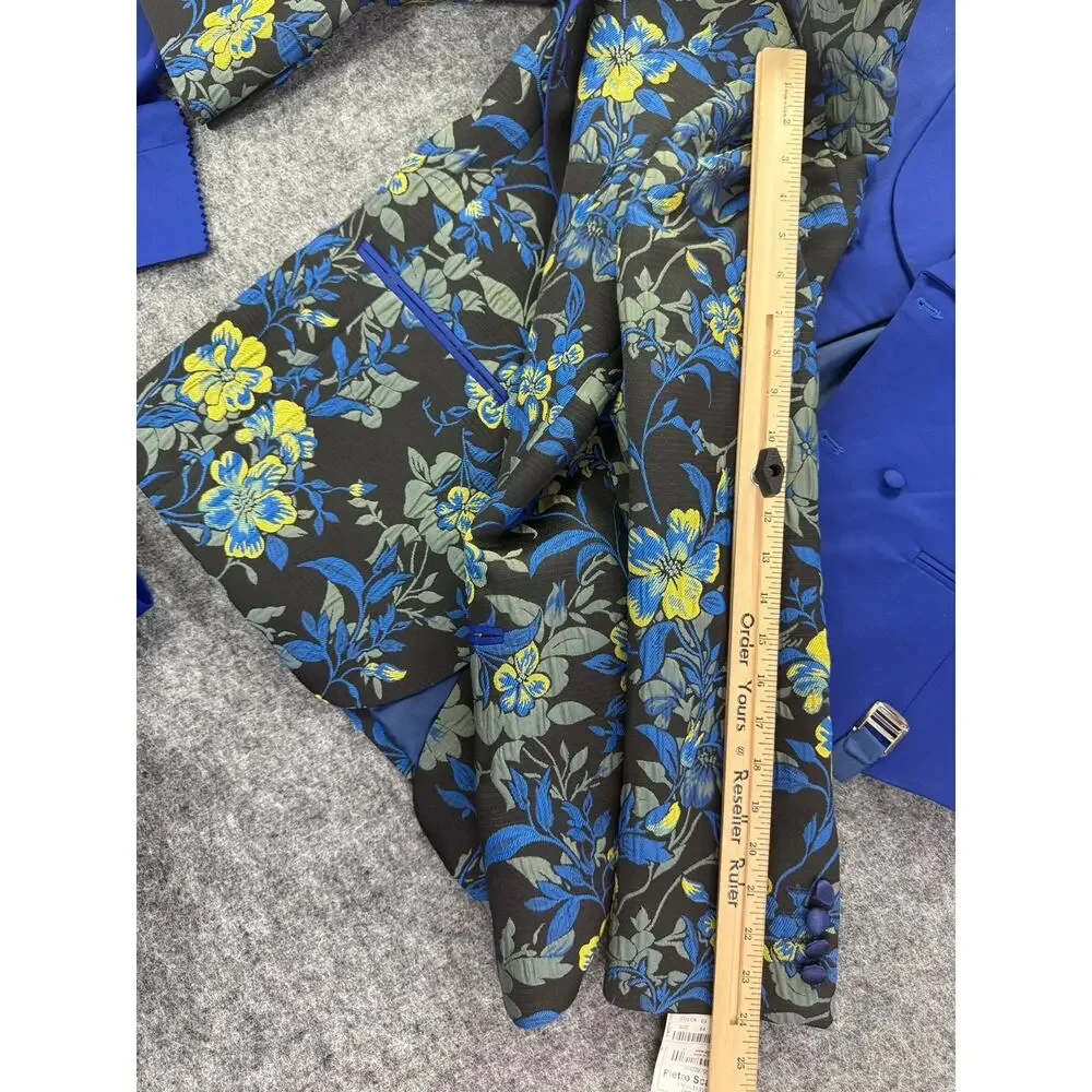 Pietro Scarlatti Mens Suit Tuxedo US 44 EU 54 Floral Blazer Vest Pants Blue T5